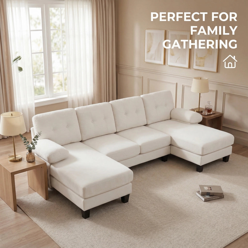 Divano a U con chaise longue bilaterale, tasche laterali e braccioli removibili in chenille beige 268 × 128 × 84 cm