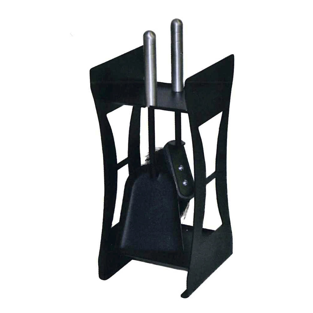 Porta attrezzi camino acciaio nero manico alluminio 2 accessori h. 40 cm. l. 17 x 18 cm.  Made in Italy