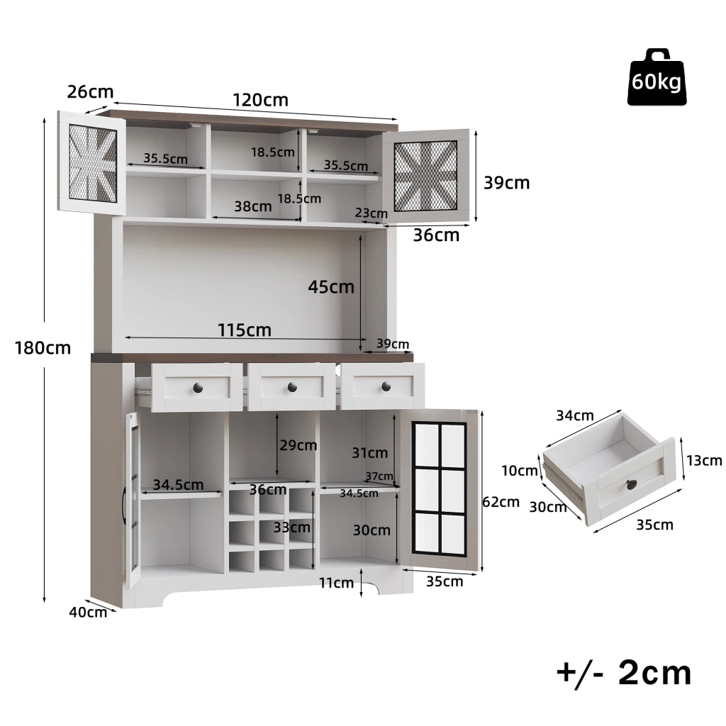 Credenza Alta da Cucina con Ante; 1 Cassetto; Ripiani Regolabili e LED in MDF e Vetro 120×40×180 cm Bianco
