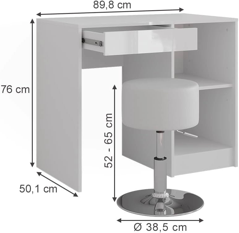 Tavolo da toeletta Sherry, Bianco/bianco lucido, 89.8 cm con sgabello