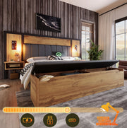Letto matrimoniale 160 x 200 cm con luci, comodini USB-C e panca contenitore