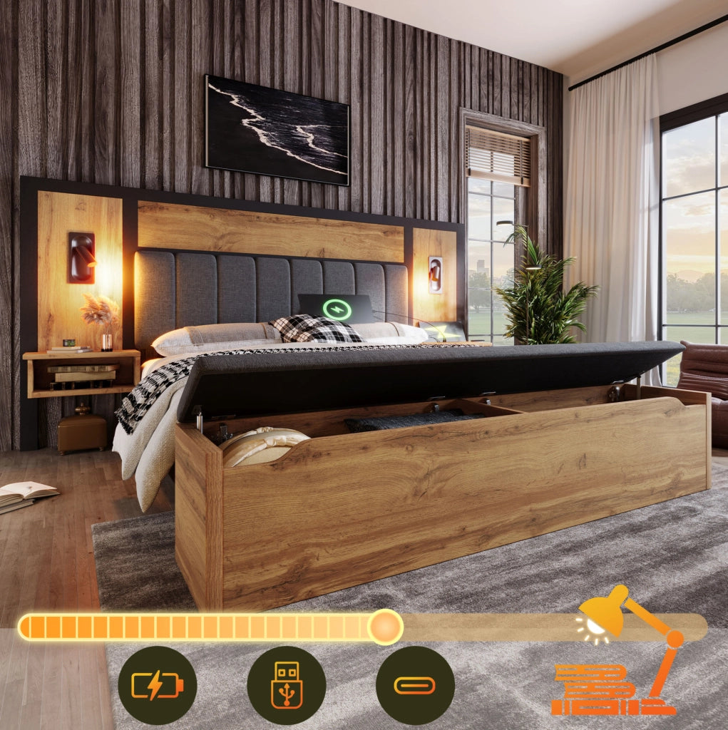 Letto matrimoniale 160 x 200 cm con luci, comodini USB-C e panca contenitore