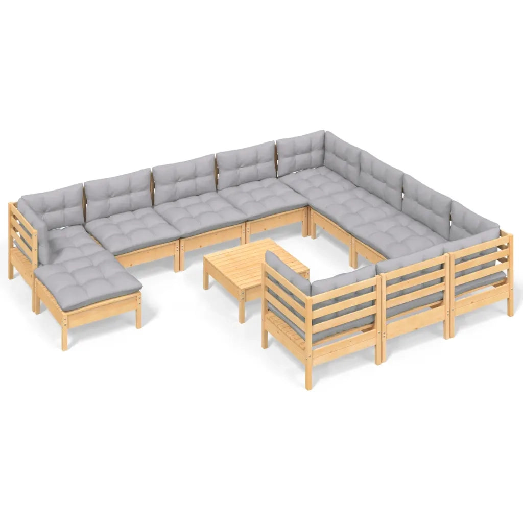 Set Divani da Giardino 12 pz con Cuscini Grigi Massello di Pino 3097048