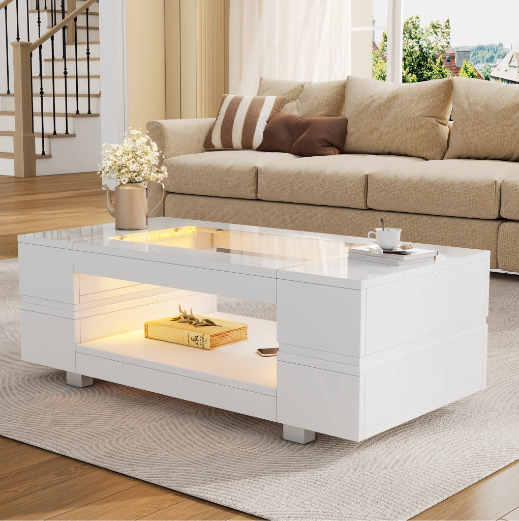 Tavolino da salotto 100x50x35 cm; LED con controllo da app; truciolato bianco