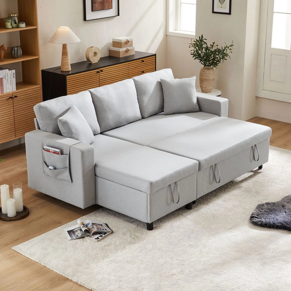 Divano letto angolare - Xylo - Forma L, chaise longue reversibile, grigio chiaro