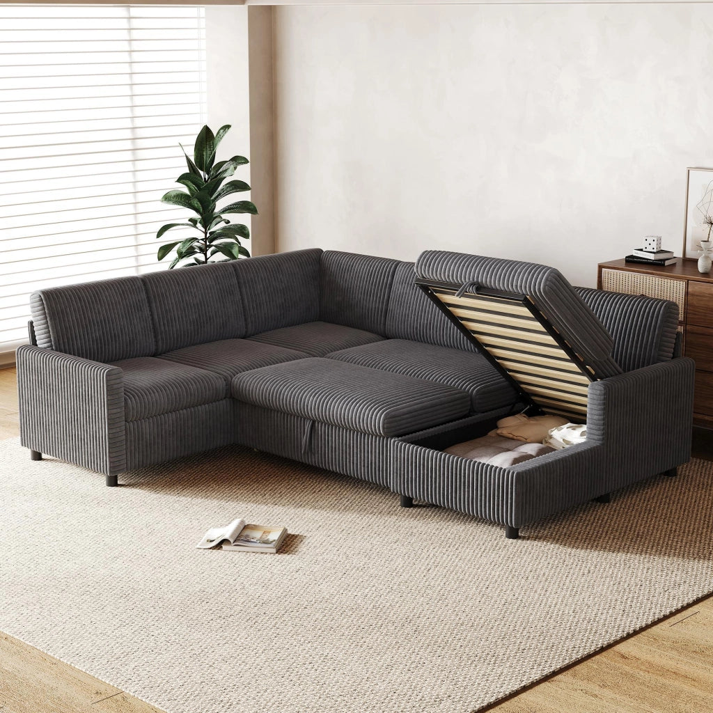 Divano panoramico a U convertibile con letto, contenitore e tessuto a coste, grigio 274 × 220 × 85 cm