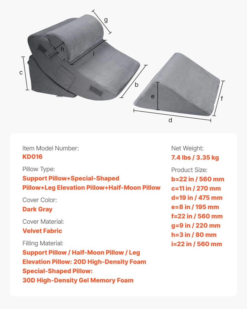 KD016 Set 4 Cuscini a Cuneo Regolabili in Memory Foam e Velluto Grigio Scuro per Letto Supporto Ergonomico