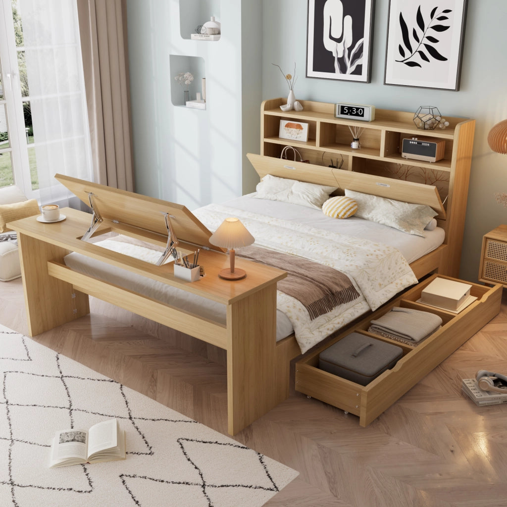 Letto con Cassetti 140 x 200 cm - Testiera con Mensole; Tavolo Pieghevole e Cassetto