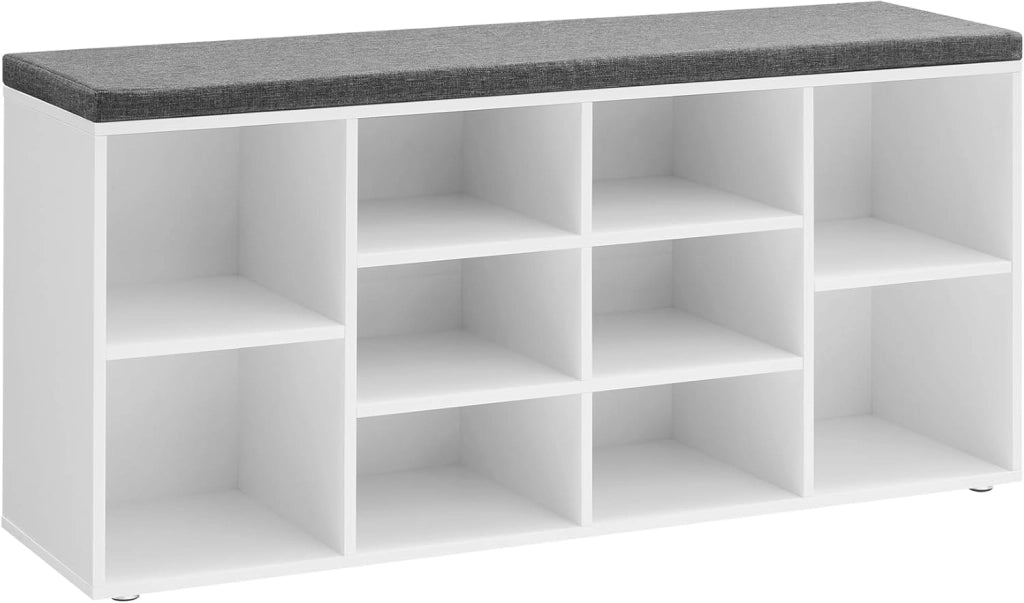 VASAGLE Panca Scarpiera, Scaffale Portascarpe a 10 Scomparti, Organizzatore Portaoggetti, con Sedile Imbottito, per Ingresso, 104 x 30 x 48 cm, Bianco LHS10WT