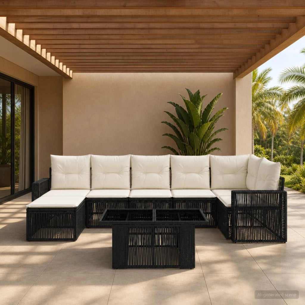 Set Divano da Giardino 8 pz Nero e Bianco Crema polyrattan 3436825
