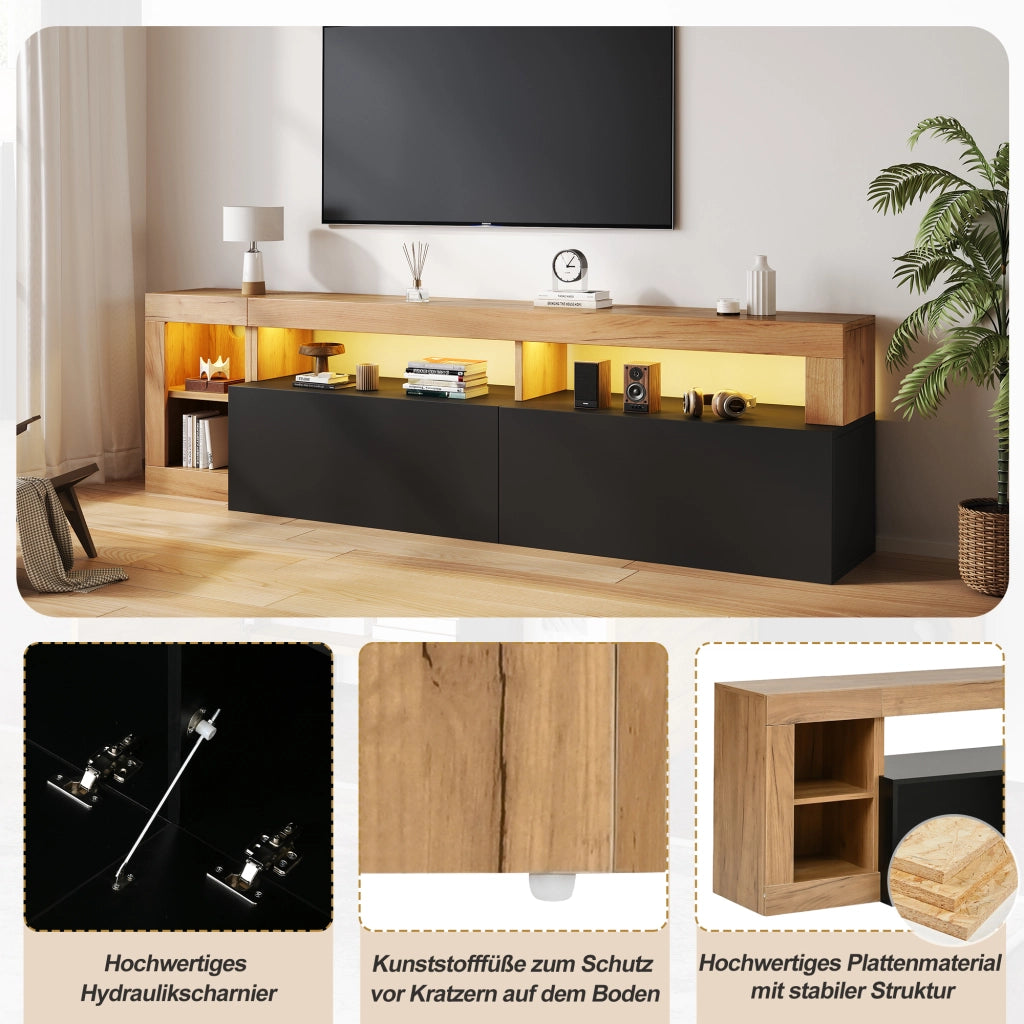 Mobile porta TV con LED e 4 vani contenitore, per soggiorno e camera da letto, in truciolare, nero, 184 × 42 × 58 cm