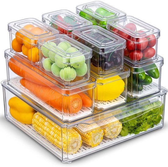 Organizzatore per Frigorifero 10 pezzi - Set di Scatole per Magazzino - Scatole per Conservazione BPA libere - Scatola per Svuotare Frutta/Verdura - Ideale per Bevande - Perfetto per la Conservazione della Cucina - Scatole per Magazzino per la Cucina