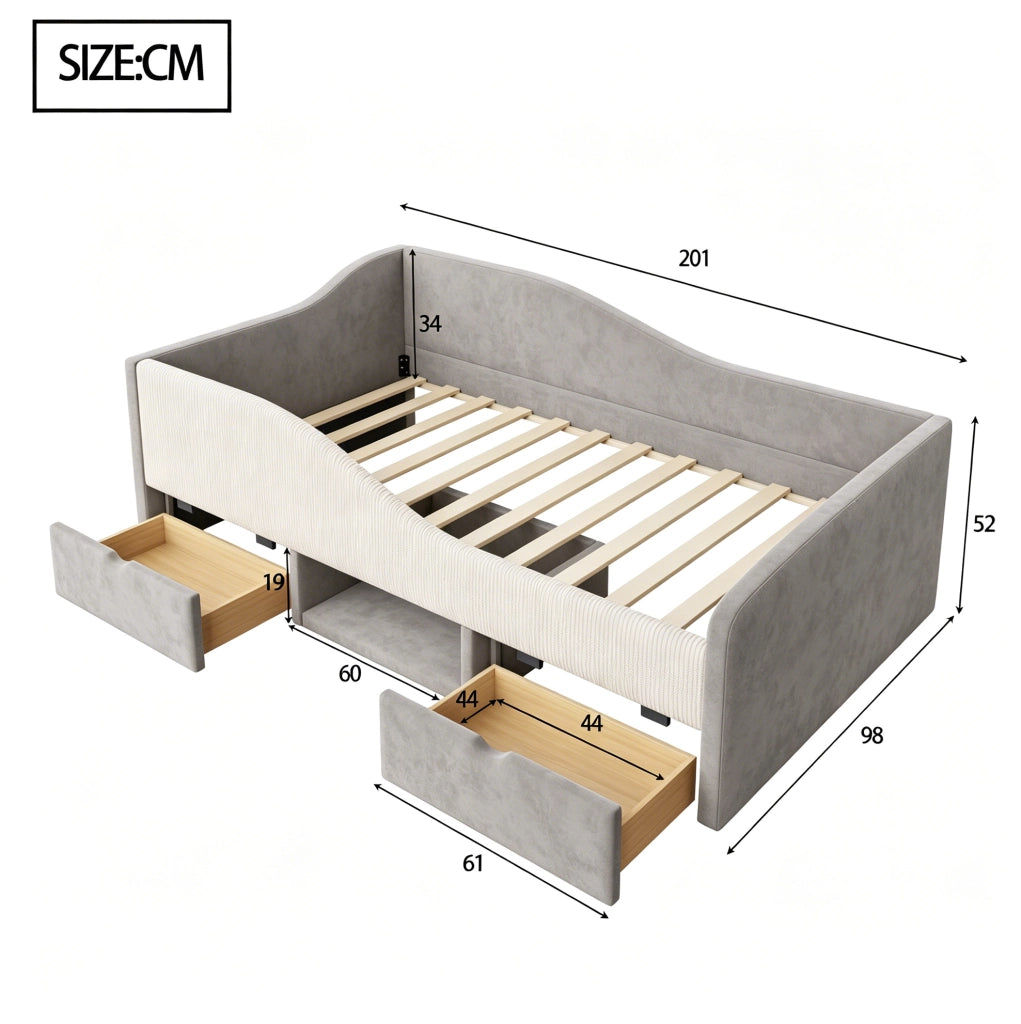 Letto imbottito per bambini 90x190 cm con protezioni laterali; 2 cassetti e vano portaoggetti; grigio