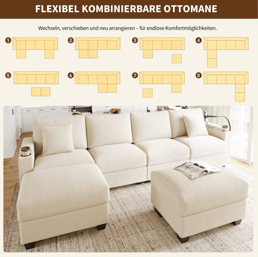 Divano modulare trasformabile a U con USB e USB-C in velluto a coste beige; 275;5×139×87 cm
