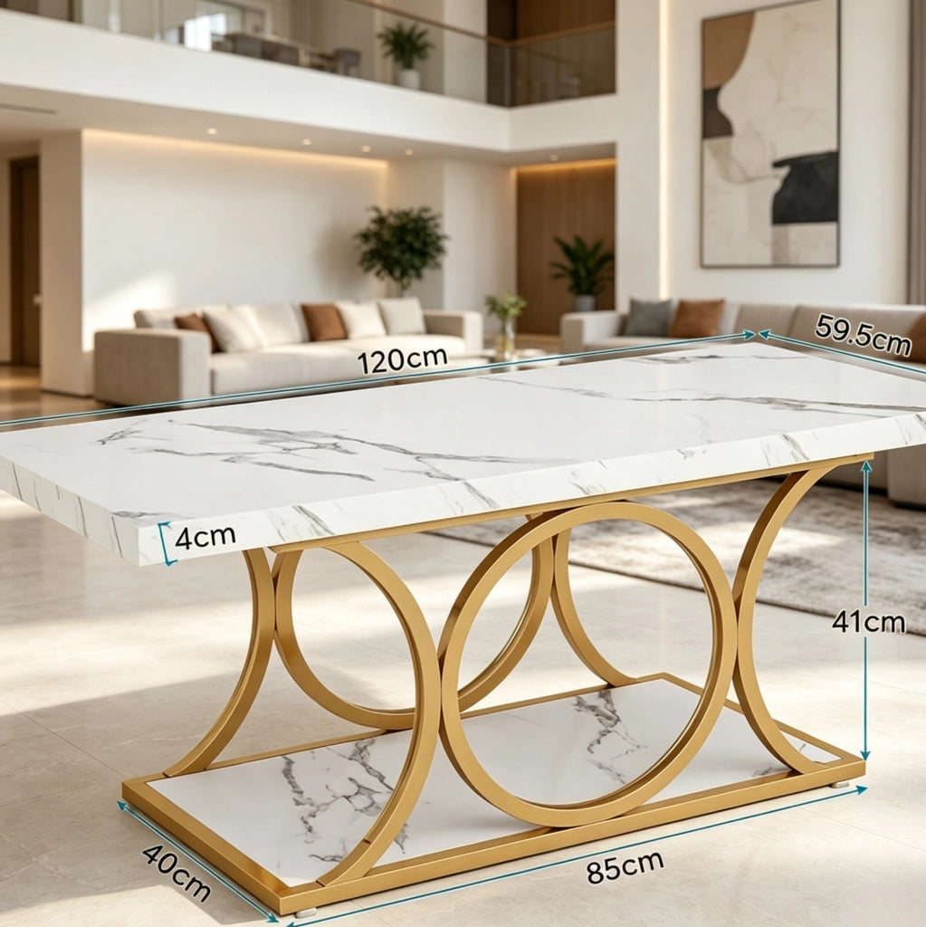 TAVOLINO da caffè 120x59,5x48 cm Marmo artificiale Bianco e Metallo Oro