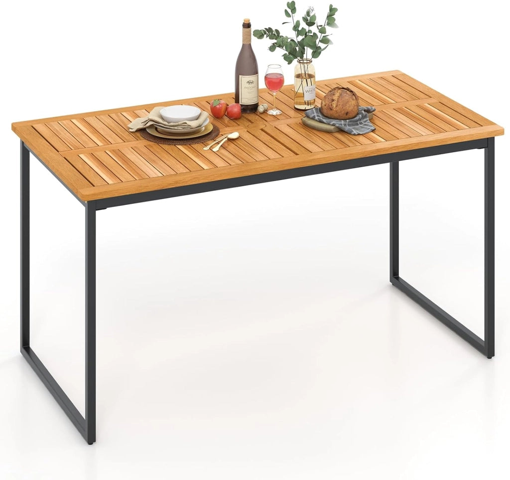 Tavolo da pranzo per esterni, 140 x 70 x 70 x 70 cm, con foro per ombrellone e tavolo in legno di acacia, per 6-8 persone, tavolo da cucina per giardino e casa