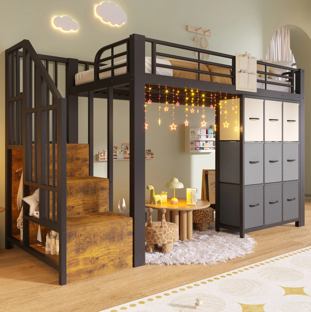 Letto a soppalco 90x200 cm in metallo e MDF nero con cassetti; cabina armadio e scala contenitore