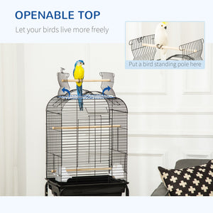 Gabbia per Uccelli con 3 Posatoi 2 Ciotole e 2 Porte Laterali 46x36x130 cm in Acciaio PP e Legno Nera
