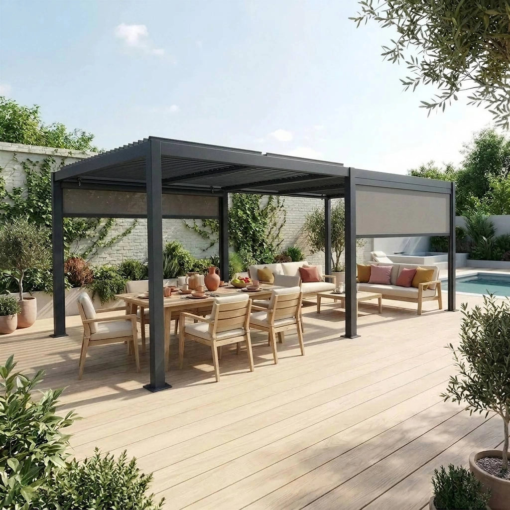 Pergola bioclimatica 3x6m + 2 tende 3m, antracite