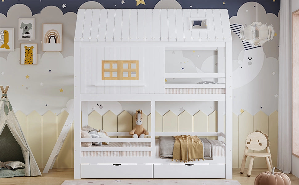 Letto a castello con funzioni di stoccaggio in legno massello e MDF bianco naturale 90x200 cm