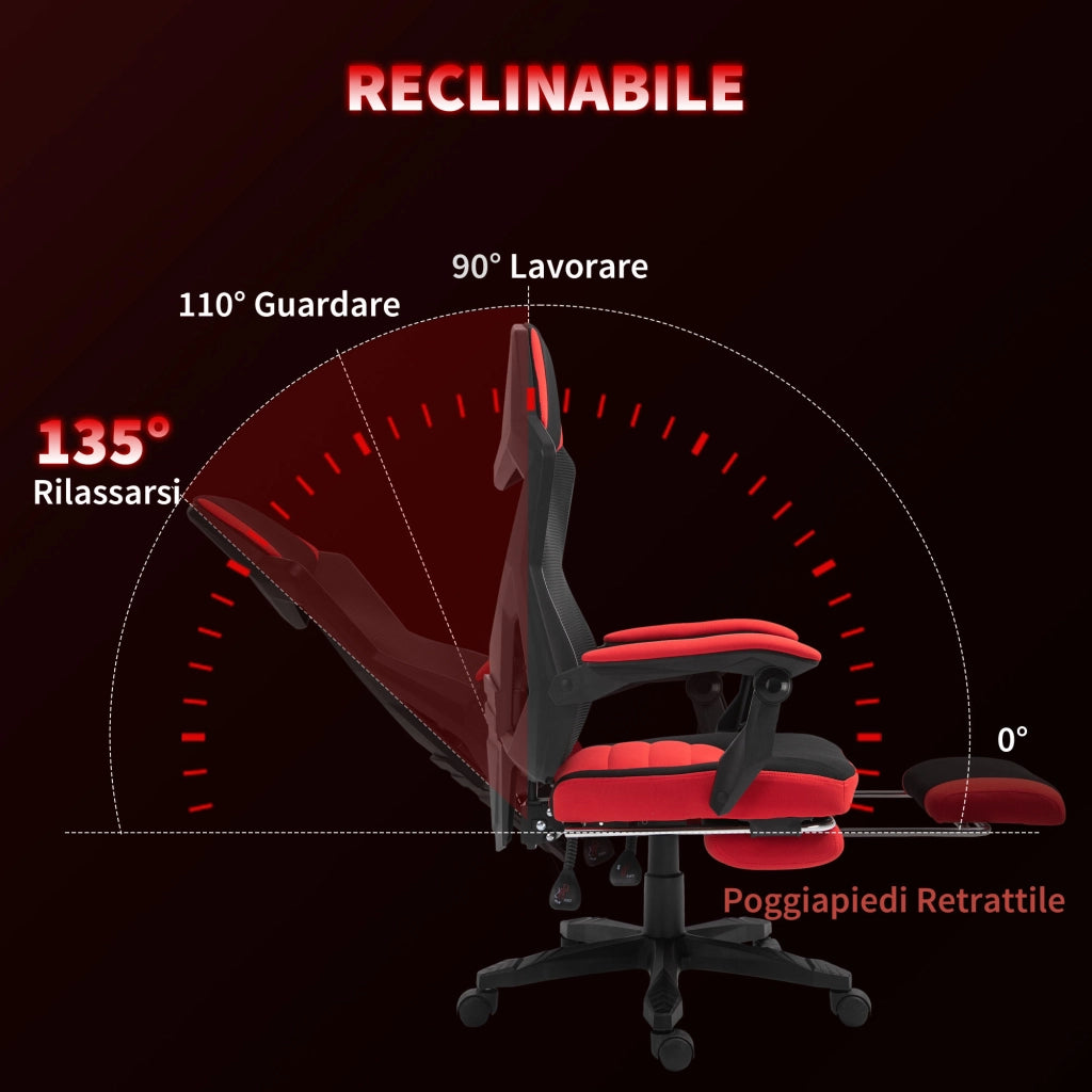 Sedia da Ufficio Ergonomica e Reclinabile con Poggiapiedi. in Tessuto a Rete. 58x63x112-122 cm. Nera e Rossa