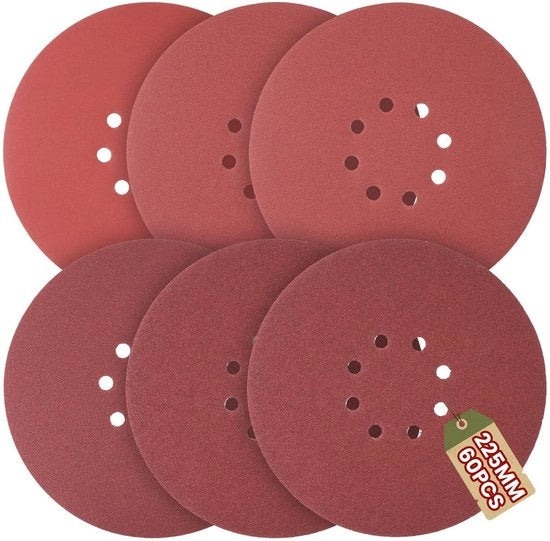 Set di carta vetrata 225mm con nastro adesivo - Pacchetto da 60 pezzi - Grana 40/60/80/120/240/320 - Carta vetrata fine - Set di carta vetrata - Adatto a diverse applicazioni - Set di carta vetrata con nastro adesivo.