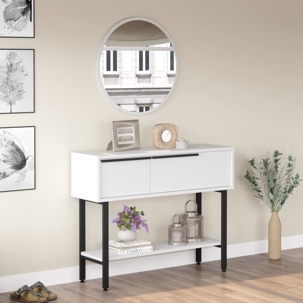 Tavolo Consolle Vesanto con Scomparti Chiusi 100 x 30 x 76 cm - Bianco / Nero [en.casa]