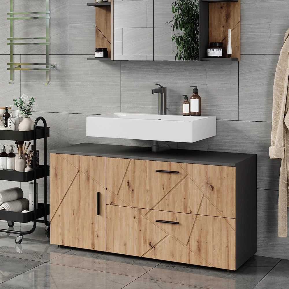 Mobiletto per lavabo Irma, Antracite/Artisan, 120.1 x 60.6 cm con 2 cassetti e 1 anta