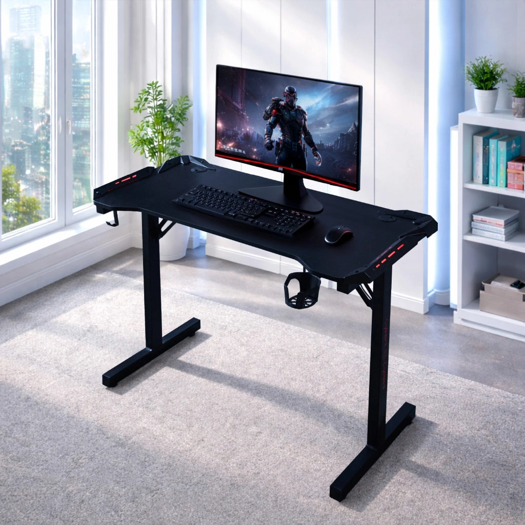 Scrivania Gaming con Luci RGB 120x60 cm, Tavolo Gamer con Porta Bicchiere e Gancio Cuffie, Desk PC Design Ergonomico Nero, Postazione Gaming e Studio