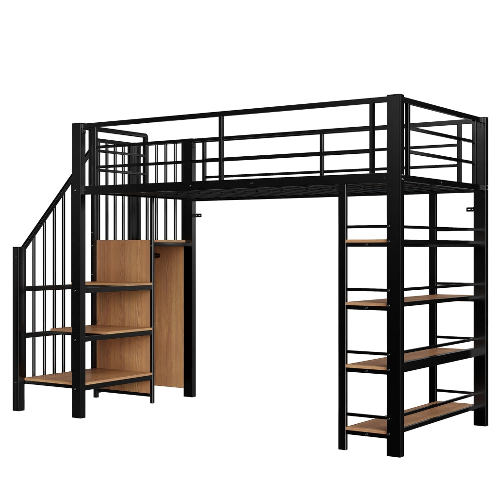 Letto a soppalco 90x200 cm in metallo nero con scala, armadietto e ripiani, portata 120 kg