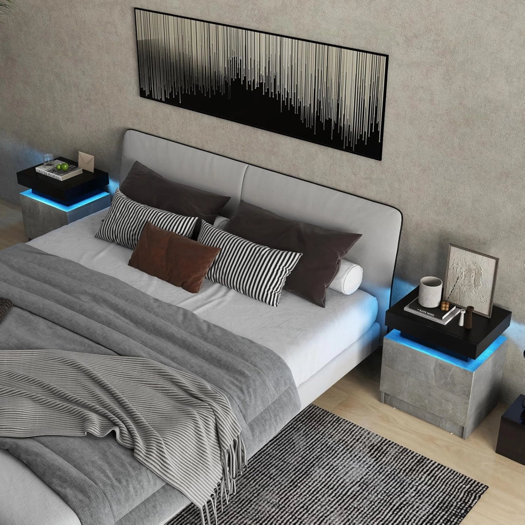 Comodino a LED, 20 colori statici e 21 modalità dinamiche, tavolo da notte con 2 cassetti, tavolino, modalità di illuminazione regolabile e telecomando, 45 x 35 x 52 cm