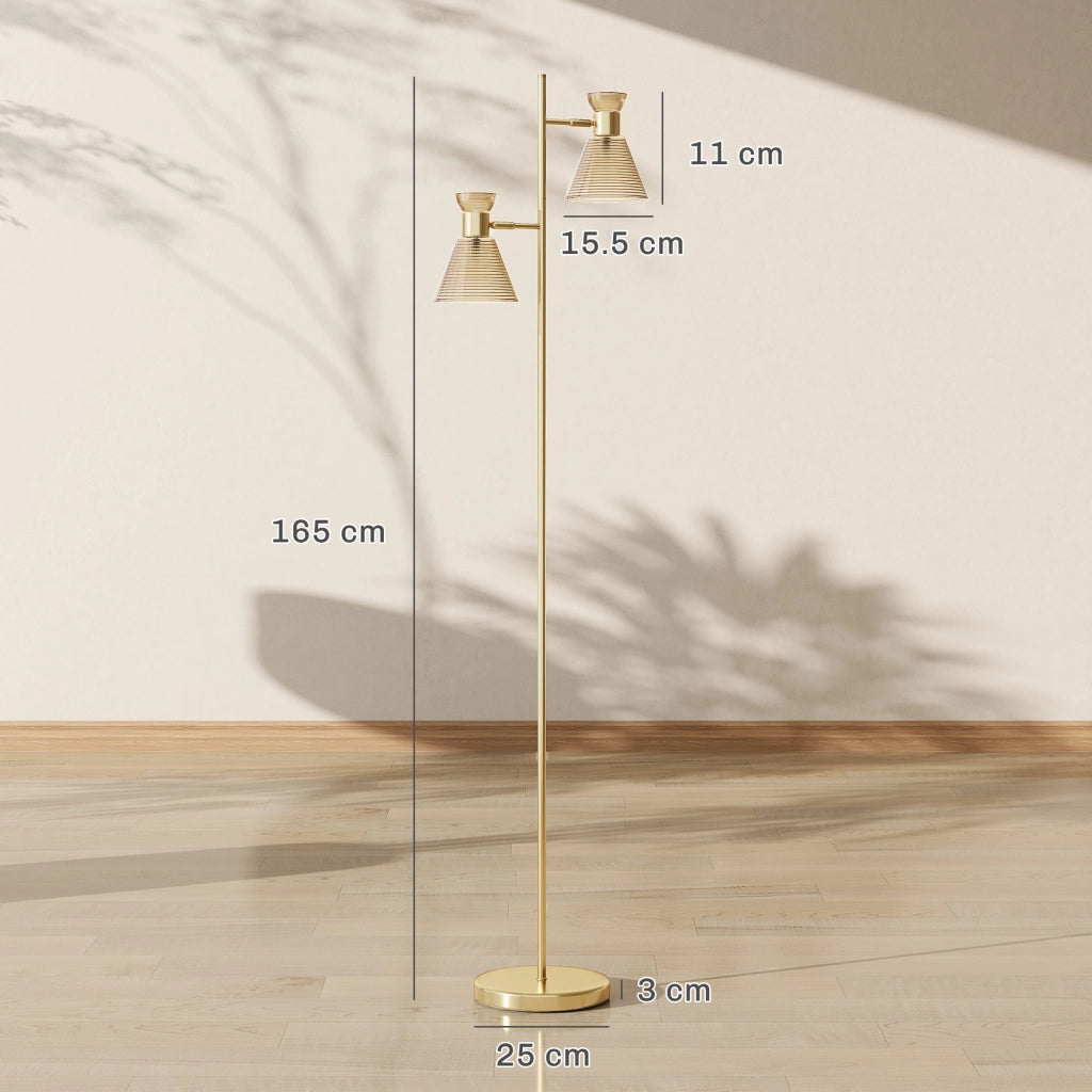 Lampada da Terra Moderna con 2 Luci e Teste Regolabili. Interruttore a Pedale. Oro