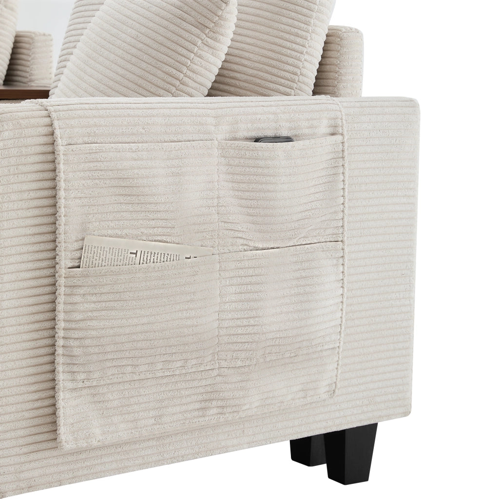 Divano angolare modulare a L in tessuto corduroy beige con consolle, poggiapiedi contenitore e cuscini
