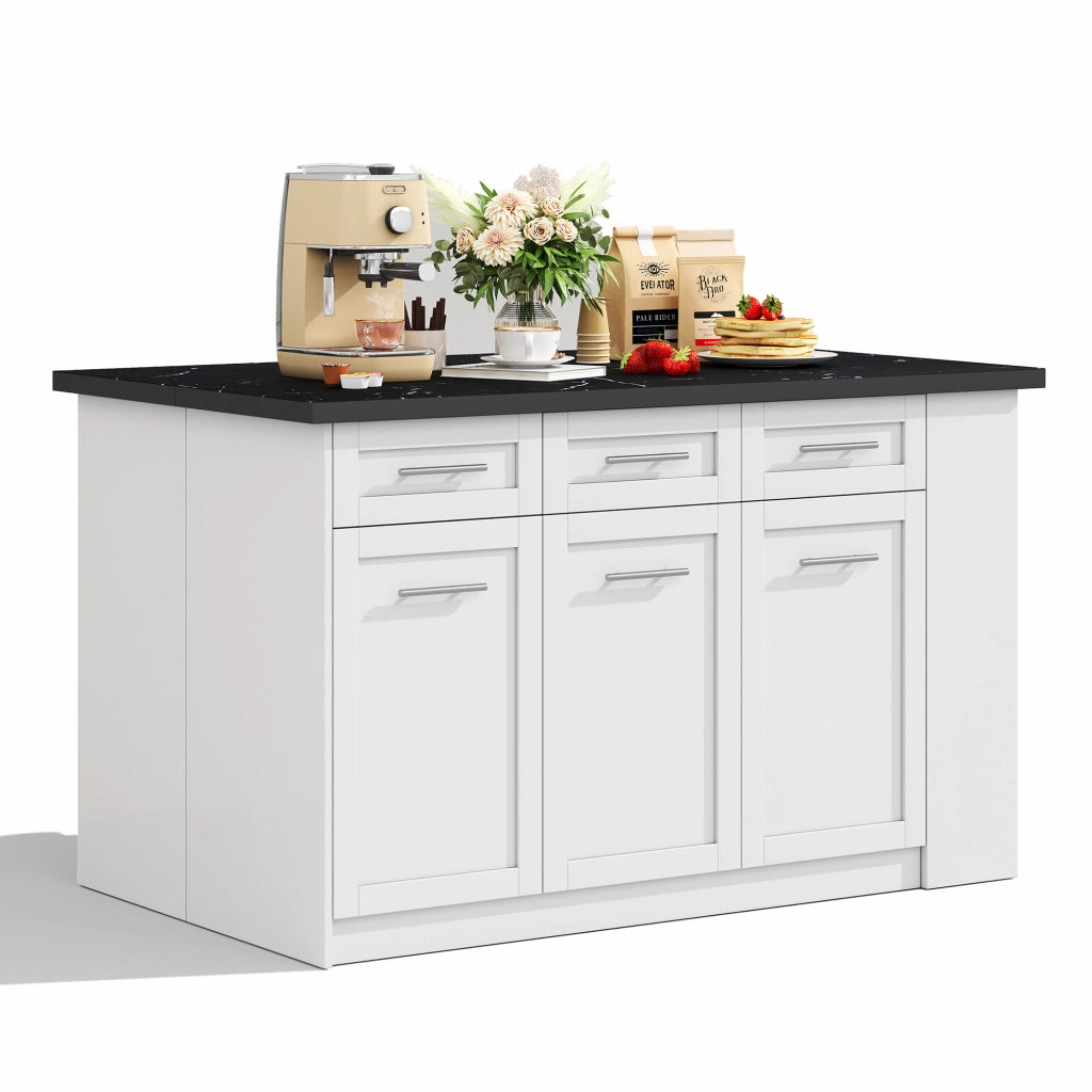 Isola da Cucina 150/246x90x90 cm con Tavolo Estraibile 96 cm; Piano Effetto Marmo; 6 Cassetti e Ripiani