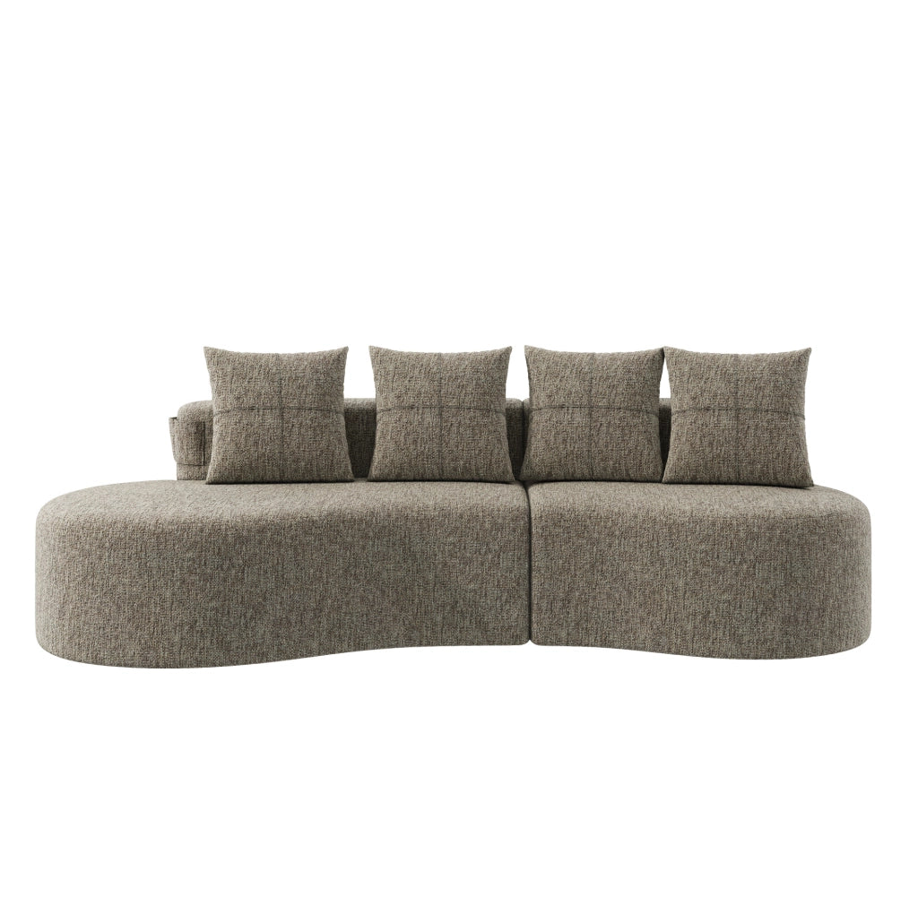 Divano in lino 240x109x60 cm color khaki con 4 cuscini; portabicchieri e tasche laterali