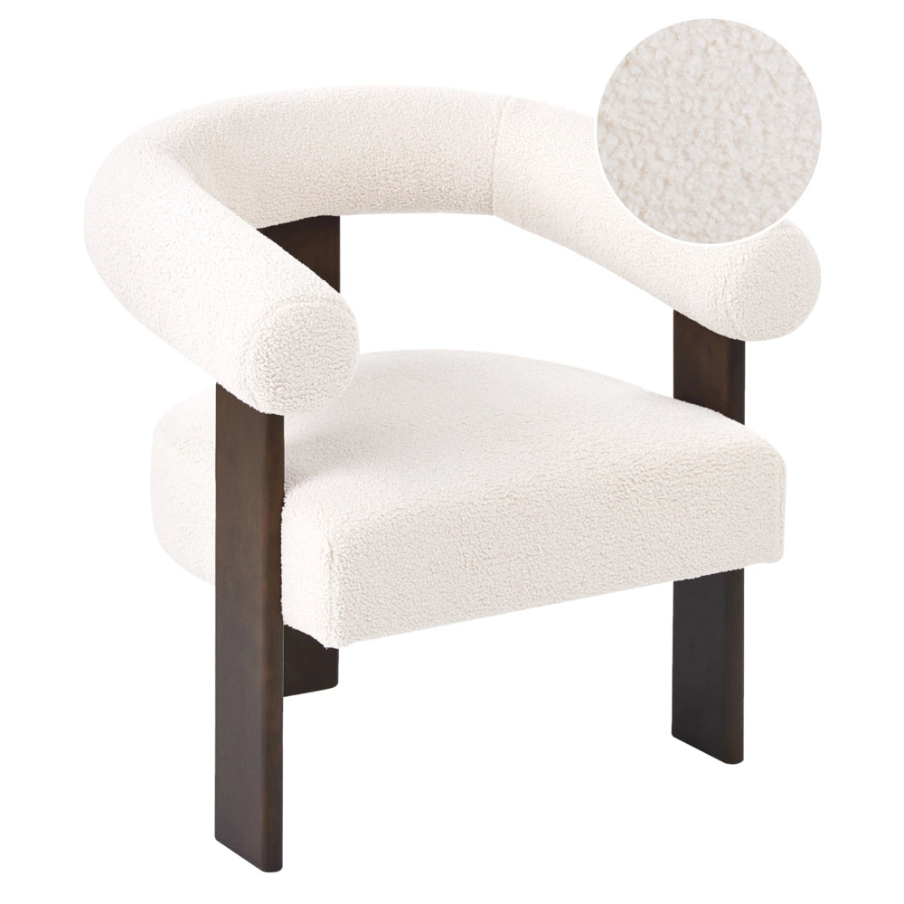 Poltrona bianco sporco e marrone scuro con rivestimento in bouclé design retrò gambe in legno per soggiorno