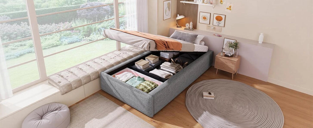 Letto imbottito singolo 90 × 200 cm con contenitore idraulico e cassetto, senza materasso, grigio