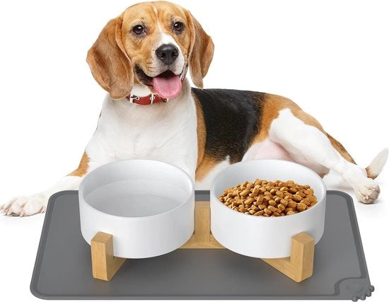 Doppio 850ml ciotola per cani in ceramica con ciotola per cibo elevata per cani con base in bambù e tappetino antiscivolo per cani di taglia media e grande ciotola per cibo e acqua (bianco)