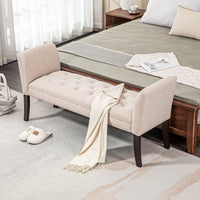 Panca Fondo Letto Imbottita e a Bottoni 141x44x65 cm in Legno e Tessuto Effetto Lino Beige