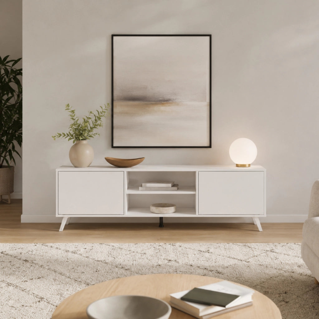 Mobile TV Design Scandinavo Con 2 Ante Battenti Ripiani Centrali Aperti Per Televisori Fino A 75 Pollici Per Salotto E Zona Living 180 X 39,6 X 49 Cm Bianco