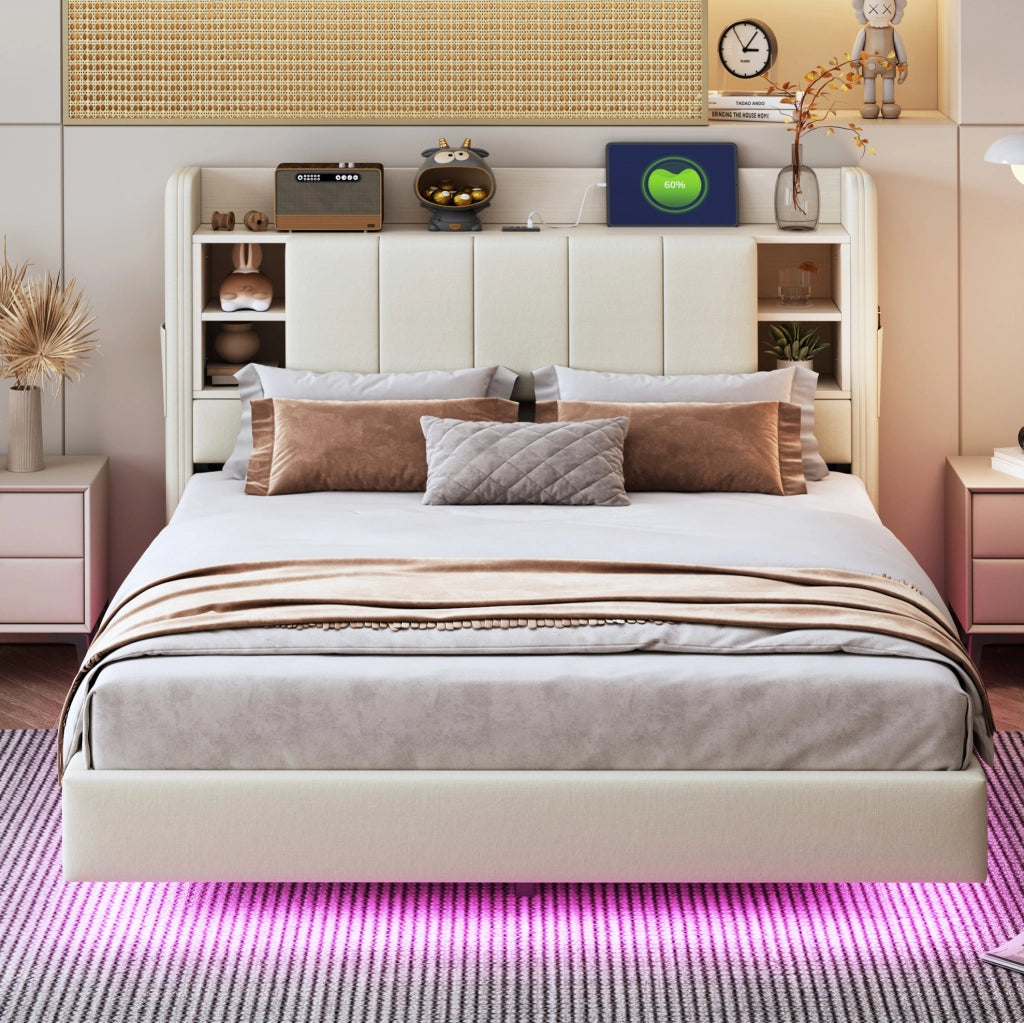 Letto matrimoniale imbottito 140x200 cm beige con LED; porta USB e contenitore nel testiera