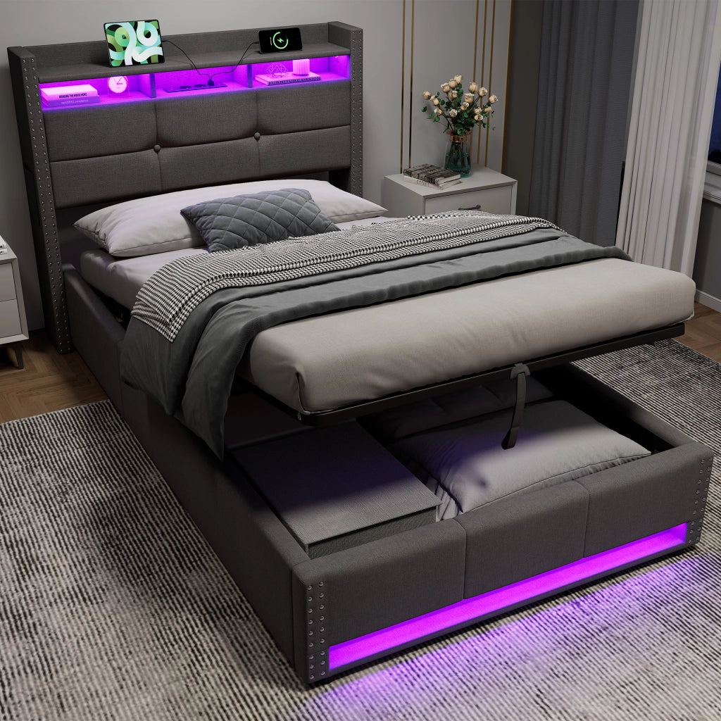 Letto singolo contenitore imbottito grigio scuro 90x200 cm con LED e ricarica USB