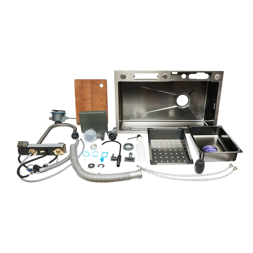Lavello da cucina multifunzionale in acciaio inox con due rubinetti, display digitale per la temperatura, funzione cascata, dispenser di sapone, scolapasta, vassoio, tagliere e accessori di drenaggio inclusi, dimensioni 75x46x23,5 cm