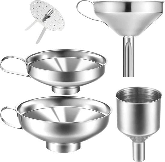 Collezione di 4 trechtere in acciaio inossidabile, adatto per contenitori in vetro, bocchette per erbe, per l'overgittura di liquidi, resistente al lavastoviglie