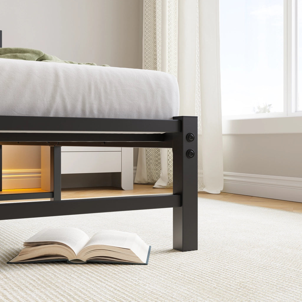 Letto singolo 90x200 cm con LED RGB, 2 porte USB e struttura in metallo nero/marrone