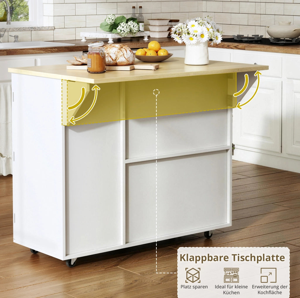 Isola da cucina con piano ribaltabile 104x45(69)x89 cm in MDF naturale e bianco
