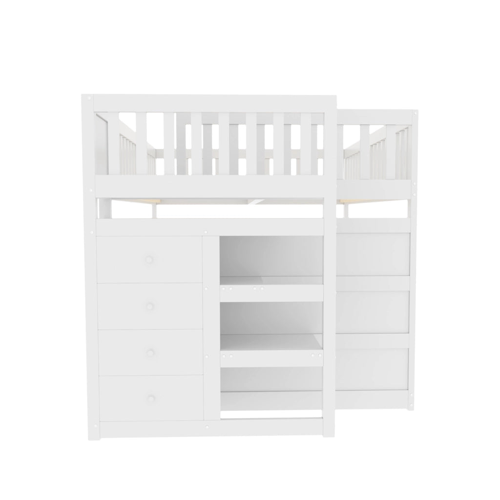 OKWISH Letto a Castello Basso 140×200 cm, Letto Matrimoniale con 4 Cassetti e Scala, Sponde Alte, senza Materasso, in Legno, Bianco