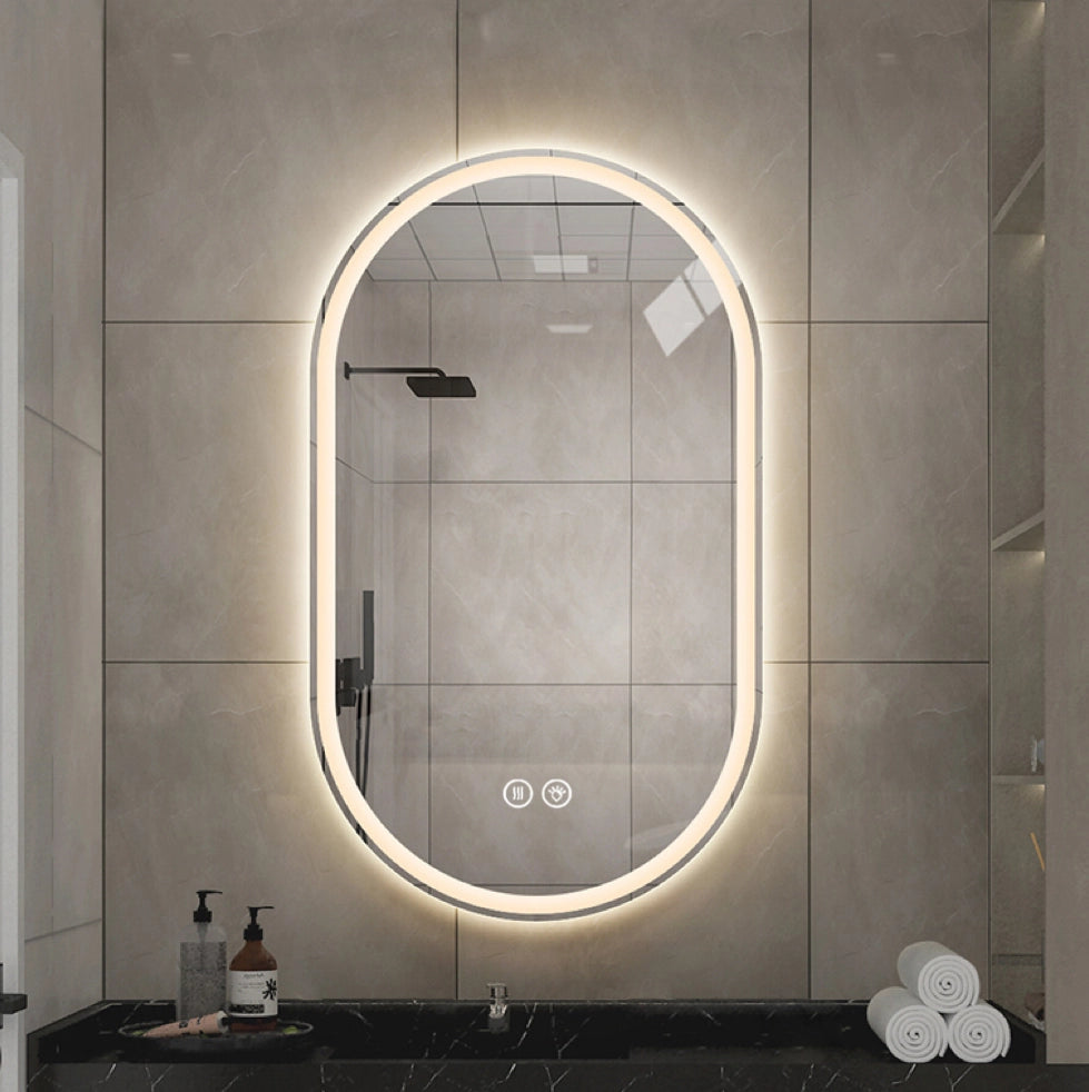 Specchio bagno LED ovale 60x90 cm argento; vetro e metallo con antiappannamento