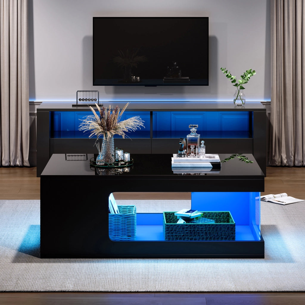 Tavolino da Caff¨¨ con LED e Vetro Temperato ¨C MINIMAL ¨C Nero, 100x50x35