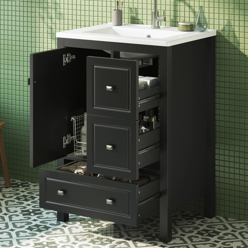 Mobile sottolavabo da bagno con lavabo in ceramica, 1 porta e 3 cassetti, in MDF laccato, nero, 62 × 47 × 90 cm